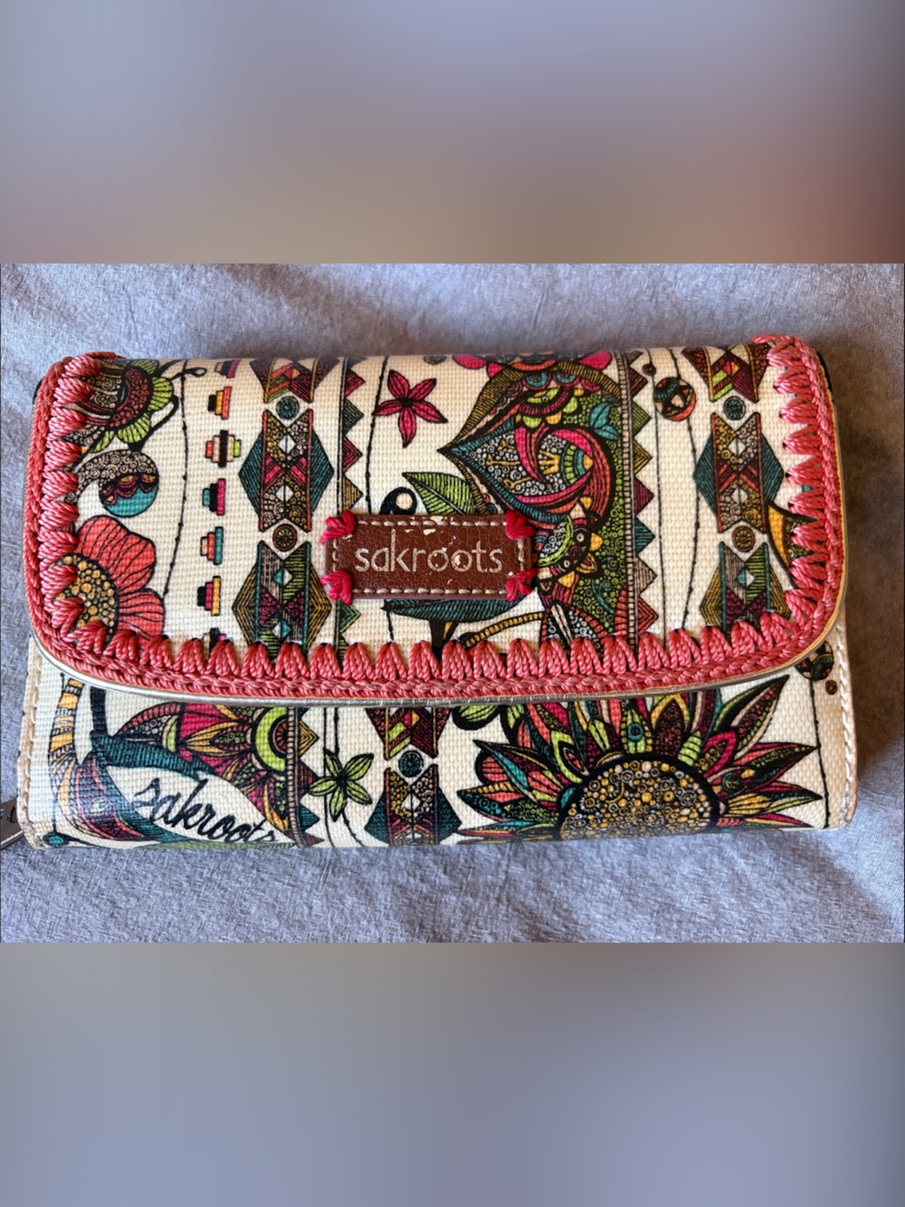 Sakroots Multicolor Floral Print Trifold Wallet with Coral Trim